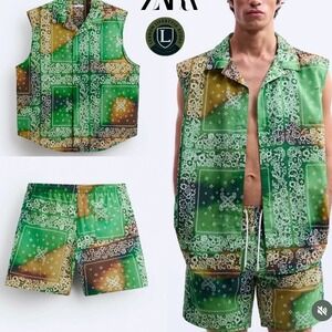 Zara Mens Bandana Print Set Green Paisley Sleeveless Shirt Swim Shorts Large NEW